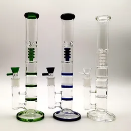 Lång raka rörglas Bongs Triple Water Pipes Birdcage Percolator Oil Dab Rigs 18mm Joint Green Blue Clear med skål