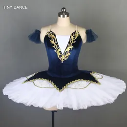 Stage Wear Navy Blue Velvet Bodice With 7 Layer Of Pleated Tulle Pancake Tutu Professional Ballet Dance Costume For Adult Girls BLL079