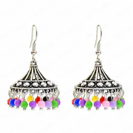 Vintage Silver Alloy Colorful Beads Bells Tassel Jhumka Earrings for Women Bohemian Indian Jewelry