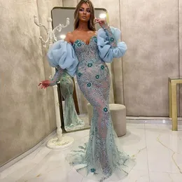 Crystal Beaded Sweat Heart Mermaid Evening Dresses 2020 Fahion Dubai Arabian Robe Långärmad Illusion Prom Kappor Formell Party Gown