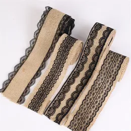 Naturalna imitacja naśladowić Vintage Wedding Decoration Black Burlap przyjęcie świąteczne DIY Świąteczne ślub ślub koronkowy Roll YQ02144