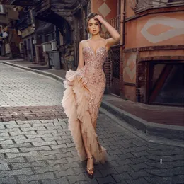 Top Tube 2020 Aprikos oregelbunden sjöjungfru aftonklänning Halter Ruffled High Slit Prom Dresses Plus Size Women Formella klänningar