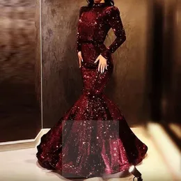 Long Sleeves High Neck Mermaid Evening Dress 2020 Glitters Burgundy Arabic Abendkleider Robe De Soiree Longue