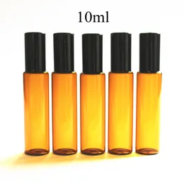 5PC / Pack 10ml Amber Bottle Glass Roll On Thin Roller Injektionsflaskor Brun Essential Oljeflaska Provtest med metallkula