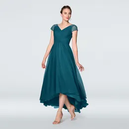 Plus Size zartes mitternachtsblaues Chiffon-High-Low-Kleid für die Brautmutter, Flügelärmel, Perlenstickerei, V-Ausschnitt, Hochzeits-Party-Kleider Zurück