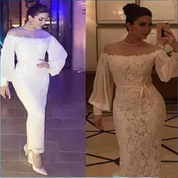 Elegant Arabic Full Lace Prom Dresses With Sash Off Shoulder Long Puffy Sleeves Ankle Length Formal Sheath Evening Party Dresses Custom