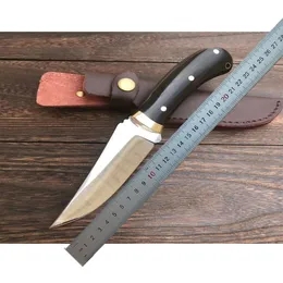 Survival Staight Jagdmesser D2 Spiegelpolierte Drop-Point-Klinge Full Tang Holzgriffmesser mit Lederscheide