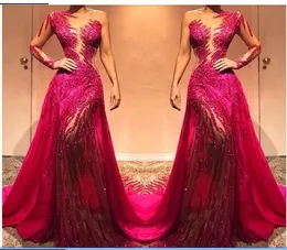 One Shoulder Prom Dresses with Long Sleeves 2020 Sexy Mermaid Sheer Formal Evening Gowns Crystal Bead Asymmetrical Cocktail Party Dress