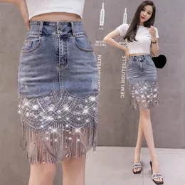 Qnpqyx Yeni Yaz Koreli Seksi Kadınlar Denim Mini Etekler Yüksek Bel Mavi Paket Kalça Kot Moda Boncuk Tassel Etek Jupe Femme