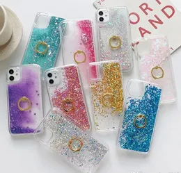 حافظات صلبة لامعة من رقائق الماس والرمال السائلة من Bling لهاتف Iphone 11 XR XS MAX X 8 6 TPU + حلقة إصبع معدنية غطاء مزين بالترتر اللامع