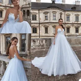 2020 Ljus himmel Blå Bling A-Line Bröllopsklänningar Illusion Custom Made Backless Appliqued Sequins Bridal Gown Sweep Train Boho Bridal Gown