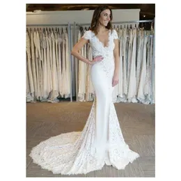 Chic Design Lace Mermaid Wedding Dresses Deep V Neck Short Sleeve Open Backless Long Train Bridal Gowns Vestido De Noiva Z7