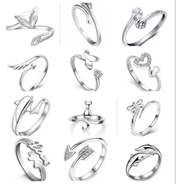 Ringe aus 925er-Sterlingsilber mit 12 Stilen zur Auswahl, Delfine, Libellenflügel, Engelsflügel, Liebesherz, Fuchs, Schmetterling, verstellbarer Öffnungsring