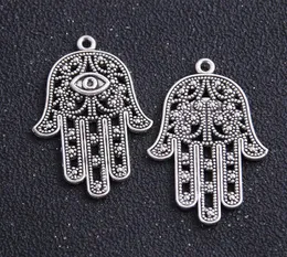60pcs/lot Antique Bronze silver Alloy Hamsa Hand of Fatima Beads Turkish Eye Charms Pendants for Jewelry Making 42x28mm