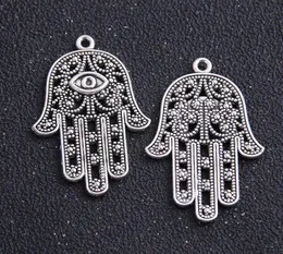 60 sztuk / partia Antique Bronze Stop Silver Hamsa Ręka Fatima Koraliki Tureckie oko Charms Wisiorki do biżuterii Dokonywanie 42x28mm