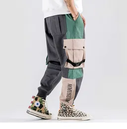 Męskie hip-hopowe spodnie Cargo Streetwear Color Block Patchwork Harajuku Pant Jogger Boczna kieszeń Wstążka Spodnie dresowe