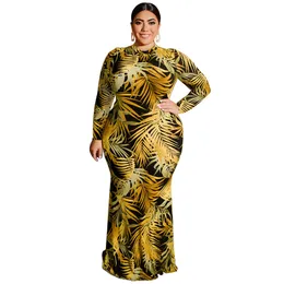 Arab Dubai Plus Size Long Dress Tight-Fitting Sexy Bag Hip Hollow Waistband Dress Long Sleeves Leaf Print Long Women's Dress 242d