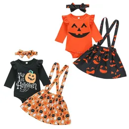 2020 Halloween baby outfits brev pumpa tryckt långärmad romer + suspender kjolar + huvudband 3pcs / set barn kläder uppsättningar