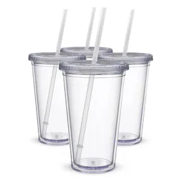 Classic Insulated Tumblers 16 oz. Double Wall Acrylic 4 pack / lot Straw Type Water Bottles Clear Drinking Cups Y200330