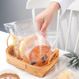 100 st / parti tjock transparent brödväska Toastkaka Förpackning Tryckta självhäftande väskor för snackmatförpackning