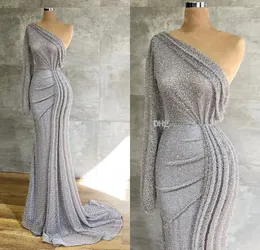 Silver One Shoulder 2021 Evening Dresses Long Sleeve Mermaid Prom Gowns Glitter Sequined Arabic Formal Party Dress