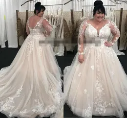 2021 Plus Storlek Bröllopsklänningar Långärmad Illusion Tulle Broderi Lace Applique Sweep Train Wedding Bridal Gown Robe de Marie
