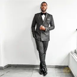 High Quality Black Double Breasted Slim Fit Wedding Tuxedos Peaked Lapel Two Pieces Groomsmen Wear (Jacket+Pants+Bow Tie)