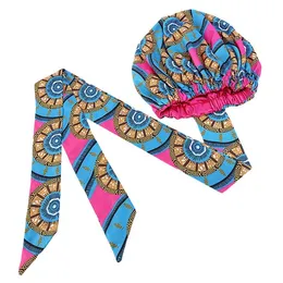 2021 Satin Lined Bonnet Double Layer Soft Headwrap with Long Belt Nightcap Women print Turban