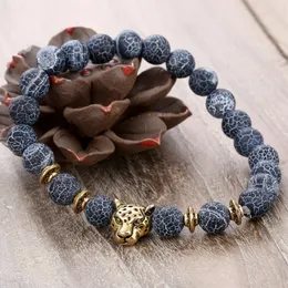 Leopard head bracelet 8MM agate beaded Strand bracelets natural stone animal hip hop jewelry men drop ship