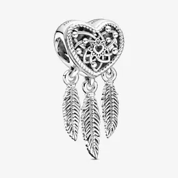 Ny 925 Sterling Silver Openwork Heart Three Feathers Dreamcatcher Charm Fit Original European Charm Bracelet Mode Smycken Tillbehör