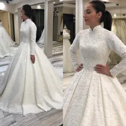 Saudi-Arabien Brautkleider Muslimische lange Ärmel High Neck teure Spitze Kristall A-line Brautkleid Kleider plus Größe Prinzessin lang