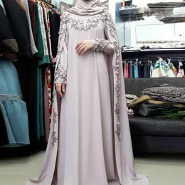 Elegant Cape Style Arabic Robe Lace Appliques Beads Evening Gowns Saudi Arabia Dubai Long Sleeves Prom Dresses Vestidos