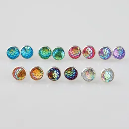 10mm 12mm Resin Fish Scale Silver Plated Stud Earings Drusy Druzy Earrings Jewelry Women Party Gift Dress Candy Colors