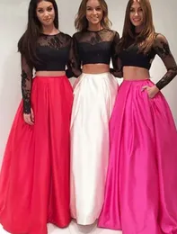 New Red Evening Gown A-Line Two Piece Prom Dress with Pockets Round Neck Open Back Black Lace Long Sleeves Prom Dresses Long
