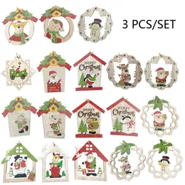 3pcs / set Christmas Wood Pendant Santa Clause Elk Snowman Trä Jul Pendants Julgran Ornaments Dekoration