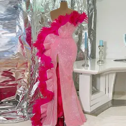 Fuchsia Feathers Pink Mermaid Evening Dresses Ruffles Front Split Sequined Prom Dreess abiti da cerimonia Formal Party Gowns