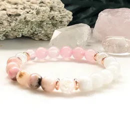 MG0852 8 mm Moonstone Rose Quartz Armband Naturligt En Grade Pink Opal Energy Mala Armband Tibetansk Balansskydd Armband