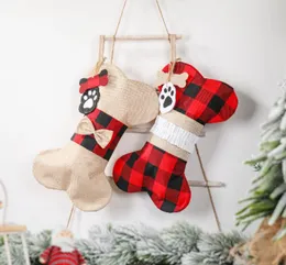 Christmas Gift Bags Bone Shape Christams Stockings Plaid Xmas Tree Hanging Socks Pet Stocking Kids Candy Bag Xmas Decorations 10pcs DW5736