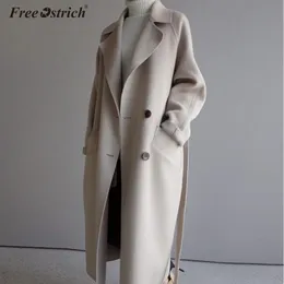 Gratis Ostrich Ull Blend Coat Kvinnor Lång jacka Långärmad Outwear Koreansk Casual Höst Vinterknapp Överrock Woolen Coat N30 T200828