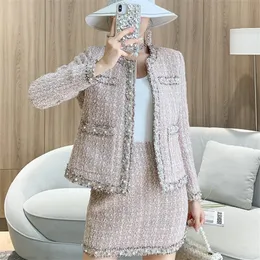 CBAFU Rhinestone Pearls Plaid Tweed Jacket Coat Suit Office Lady Elegant Two Piece Set Tweed Pencil Mini Skirts Plus Size F755