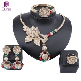 Gioielli africani, orecchini con collana di cristallo, orecchini, set di gioielli in oro Dubai per le donne, bracciale da sposa, anello, set di gioielli