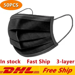 US Stock !!! Svart disponibelt ansiktsmasker 3-lager skyddsmask med öreoop munnen ansikte sanitet utomhus masker skepp i 12 timmar