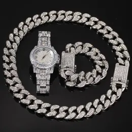 Homens Hip Hop Icado fora de tênis Cadeia Colar Pulseira Assista WristWatch Set Luxo Aço Inoxidável Homens Cuban Link Jóias 2020