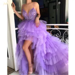 Nowy Vestido De Festa 2020 Wysokich sukienek Niski Prom Unique Design Purple Tulle Elegancki wieczór Suknia Sexy V Neck Spaghetti Formalna sukienka