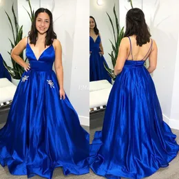 Royal Blue Prom Dresses Spaghetti Strapless A-Line com bolsos Partido Evening graduação vestidos personalizado Plus Size Robe De Soriee
