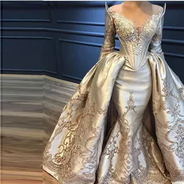 Dubai Sheer Neck With Applqiues Beads Prom Dresses Saudi Arabia Satin Long Sleeves Evening Gowns Overskirt Style Vestidos