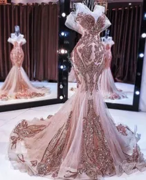 Nuovi abiti da sera a sirena in oro rosa lunghi scintillanti con paillettes applique in rilievo abito da ballo a coda di pesce robe de soiree2455