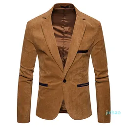 Fashion- V Neck Long Sleeve Mens Corduroy Blazer Fashion Single Button Solid Color Mens Suits Jacket Spring Male Apparel