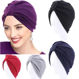 Indian Turban Muslim Women Hat Chemo Cancer Cap Solid Color Headwear Beanie Bonnet Islamic Headscarf Skullies Hair Loss