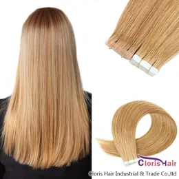 #16 PU Skin Weft Natural Human Hair Tape In Extensions 20pcs Light Blonde Seamless Brazilian Remy Straight Hair Invisible on Adhesive